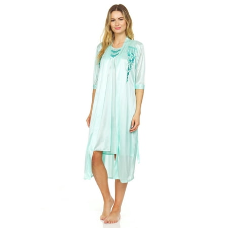 Women Kimono Robe Gorgeous Loungewear 2PC Set Sleepwear Camisole & Robe Green M