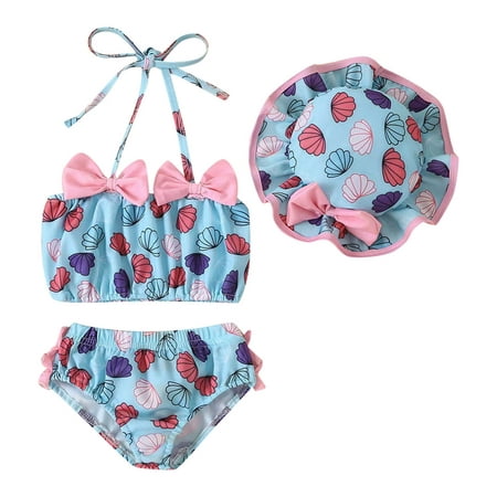 

Summer Toddlers Girls Baby Bowknot Swimwear Conch Printed Ruffles 2PCS Swimsuit Bikini With Hat Child Kids Swim Beachwear
