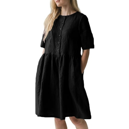 Womens Crew Neck Short Sleeve Cotton Linen Causal Button Swing Dress