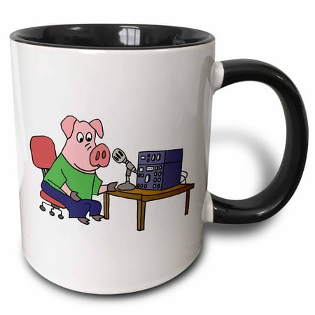 3dRose Funny Pink Pig using HAM Radio Cartoon - Two Tone Black Mug 11-ounce