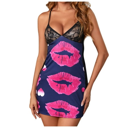 

DNDKILG Women s Nightgown Teddy Babydoll Sexy See Through Lingerie Lips Print Lace Sleepwear Blue 3XL