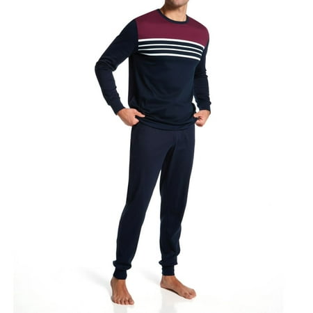 Men s Calida 42285 Relax Comfy 100% Cotton Jogger Pajama Set (Dark Sapphire L)