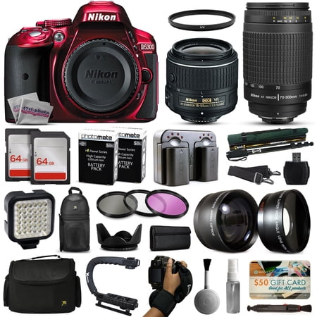 Nikon D5300 Red DSLR Digital Camera + 18-55mm VR II + 70-300mm f\/4-5.6G Lens + 128GB Memory + (2) Batteries + Charger + LED Video Light + Backpack + Case + Filters + Auxiliary Lenses + $50 Gift Card Nikon D5300 Red DSLR Digital Camera + 18-55mm VR II + 70-300mm f\/4-5.6G Lens + 128GB Memory + (2) Batteries + Charger + LED Video Light + Backpack + Case + Filters + Auxiliary Lenses + $50 Gift Card