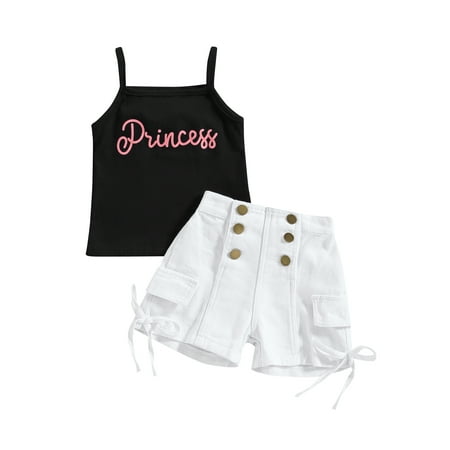 Sunisery Kids Girls Summer Clothes Outfits Letter Print Sleeveless Sling Tank Tops and Elastic Waist Buttons Denim Shorts 2Pcs Set
Sunisery Kids Girls Summer Clothes Outfits Letter Print Sleeveless Sling Tank Tops and Elastic Waist Buttons Denim Shorts 2Pcs Set