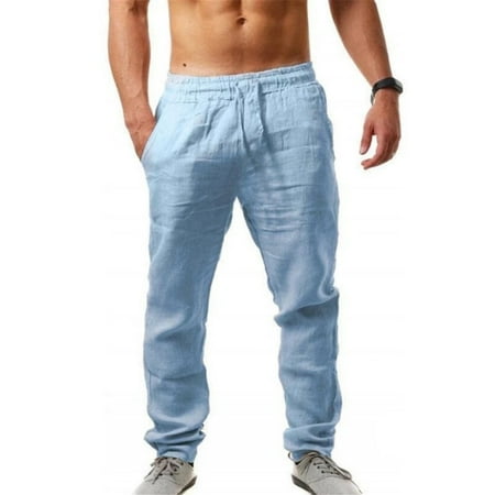 Men Casual Sports Trousers Breathable Cotton Linen Drawstring Straight Leg Pants Beach Pants Breathable Pants Men Summer Beach Casual Sports Trousers Cotton Linen Drawstring Straight Leg Blue M
