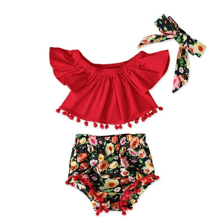 GWAABD Spring Clothes for Toddler Girls Red Fiber Girl s Wear Round Collar Short Sleeve Bow Scarf Three Piece Suit 70