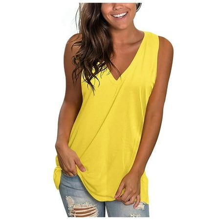 

Charella Womens Tank Tops Casual Solid Color V-Neck Gradient Sleeveless Shirts Summer 2023 Going Out Vest Loose Blouses Yellow S