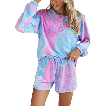 Doublju Women s Tie Dye Henley Sleep and Lounge Set (2-Piece)