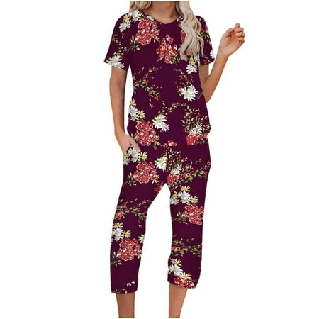 

Hfyihgf Women s Sleepwear Capri Pajama Sets Floral Print Short Sleeve Two-Piece Pjs V Neck Cozy Lounge Sets Tops & Capri Pants with Pockets(Wine L)