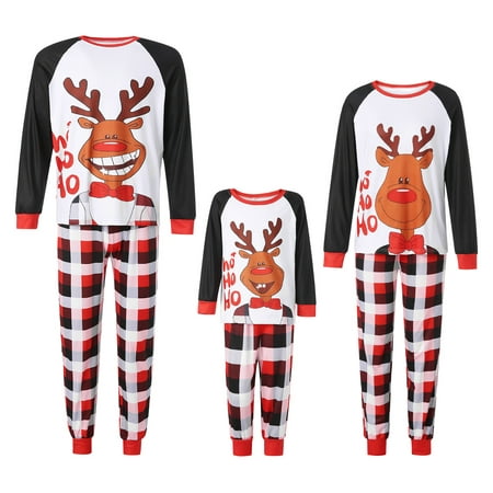 

Family Christmas Pajamas Elk Letter Printing Plaid Raglan Long Sleeve Round Collar Sleepwear for Mother/Father/Kid