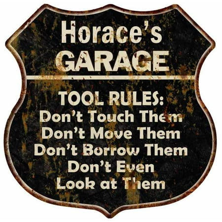Horace's Garage Tool Rules Personalized Shield Metal Sign Gift 211110003293