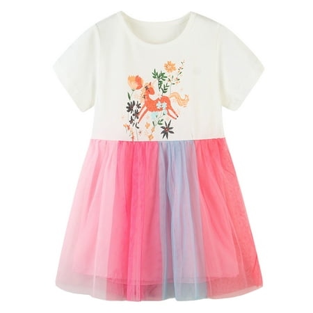 Aolyty Girls Dresses Short sleeve Dress Unicorn Flower Sundress 6T