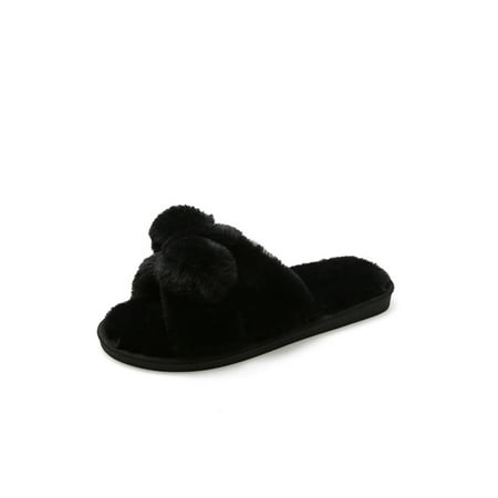 Colisha Ladies Bow-knot Slippers Womens Fluffy Sliders Open Toe Mules Shoes