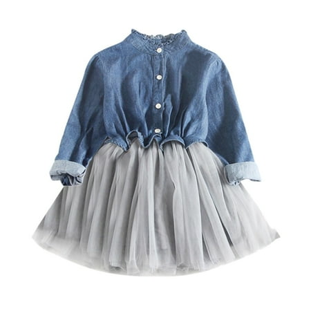 Toddler Girls Casual Long Sleeve Denim Tops Splicing Gauze Tutu Princess Dress
