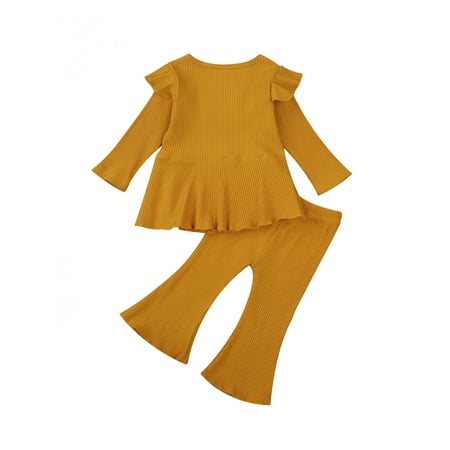 One opening Baby Solid Color Clothes Set Girls Long Sleeve O-neck Tops with Ruffle + Elastic Waist Flared Trousers for Spring Fall
One opening Baby Solid Color Clothes Set Girls Long Sleeve O-neck Tops with Ruffle + Elastic Waist Flared Trousers for Spring Fall