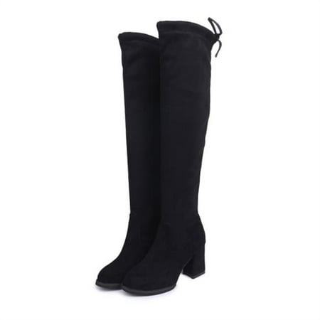 Women s Over The Knee Chunky Heeled Boots Black Knot Back Sock Boots
