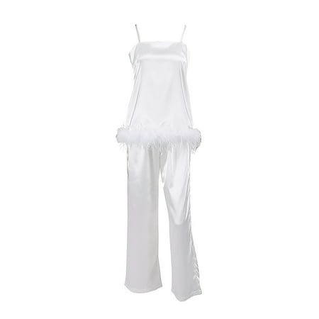 Binpure 2 Pcs Women Satin Pajamas Set Solid Color Spaghetti Strap Fur Hem Camisole + Trousers
Binpure 2 Pcs Women Satin Pajamas Set Solid Color Spaghetti Strap Fur Hem Camisole + Trousers