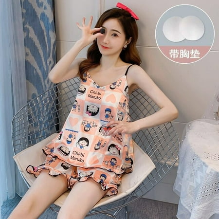 DanceeMangoo Fruit Print Lovely Sleepwear Home Suit Summer V-Neck Sleeveless Sexy Pyjamas Womens Two Piece Silk Pajamas Set with Chest Pad
DanceeMangoo Fruit Print Lovely Sleepwear Home Suit Summer V-Neck Sleeveless Sexy Pyjamas Womens Two Piece Silk Pajamas Set with Chest Pad