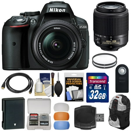 Nikon D5300 Digital SLR Camera & 18-55mm G DX II AF-S Zoom (Black) with 55-200mm DX AF-S Lens + 32GB Card + Battery + Backpack + Filters Kit