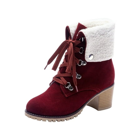 

KBKYBUYZ Women Shoes Solid Color Casual Basis Square High Heels Wear-resistant Lace-up Pointed Warm Thick Fleece Suede Snow Ankle Boots Comfortable Elegant Shoes