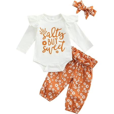 QWZNDZGR Newborn Infant Baby Girls Clothes Set Auntie Saying Letter Rompers Floral Daisy Pants Headband
