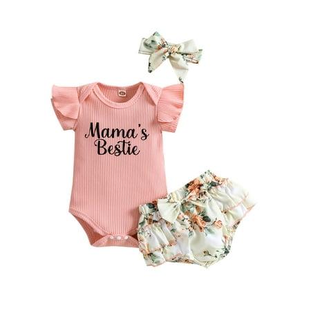 GXFC Baby Girl Romper Set Ribbed Letter Short Sleeves Crew Neck Bottom Snap Jumpsuit + Printed Ruffle Shorts + Bow Headband
GXFC Baby Girl Romper Set Ribbed Letter Short Sleeves Crew Neck Bottom Snap Jumpsuit + Printed Ruffle Shorts + Bow Headband