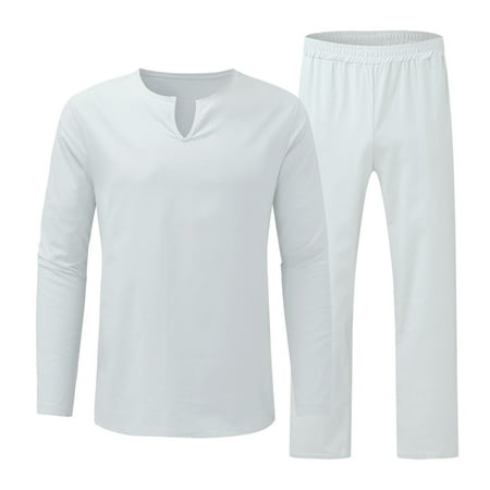 Beppter Men s Casual Solid Long Sleeve Pant Set V-Neck Pajamas Lounge Two Piece