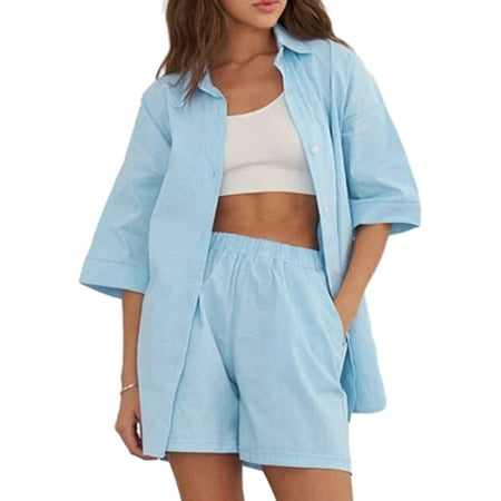 Eyicmarn Women Pajamas Set 2 Pieces Loungewear Suits Solid Color Short Sleeve Loose Shirts Tops and Shorts Sleepwear Outfits
Eyicmarn Women Pajamas Set 2 Pieces Loungewear Suits Solid Color Short Sleeve Loose Shirts Tops and Shorts Sleepwear Outfits