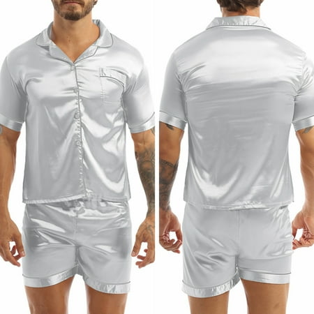 iiniim Unisex Shiny Satin Summer Sleepwear Pajamas Set Short Sleeve Top with Boxer Shorts M-3XL Light Grey 3XL