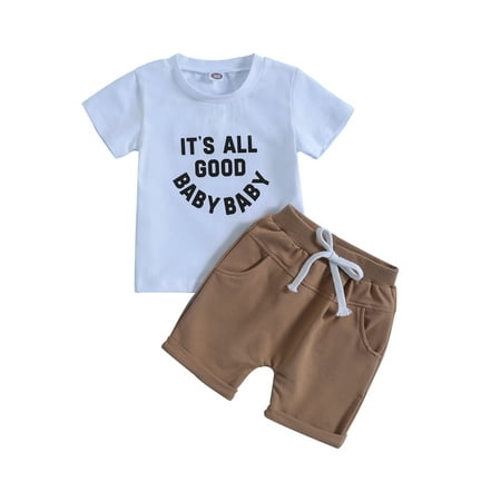 

Baby Boys Summer 2pcs Outfits 6M 12M 18M 24M 36M Letter Print Short Sleeve Pullover T-shirt and Elastic Bandage Shorts Set