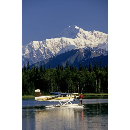 Man Spin Fishing On Lake From Floatplane With Southside Mt Mckinley And Alaska Range In The BackgroundSouthcentral Alaska Summer PosterPrint