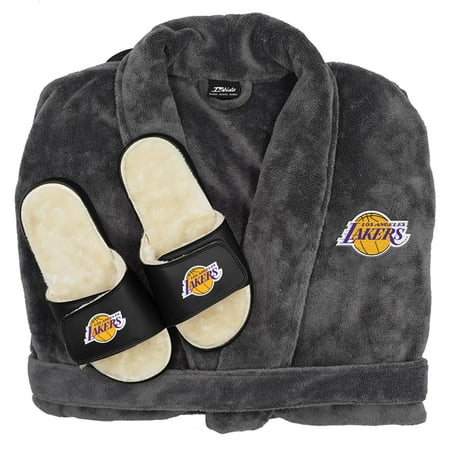 

ISlide Gray Los Angeles Lakers Faux Fur Slide Sandals & Robe Bundle