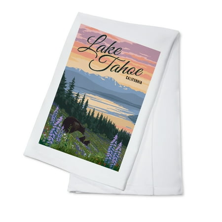 

Decorative Tea Towel Apron Lake Tahoe California Bear and Cubs with Spring Flowers Unisex Adjustable Organic Cotton