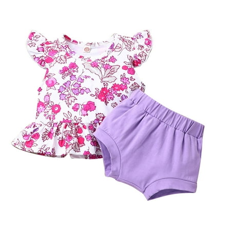 QWERTYU Newborn Infant Toddler Baby Girl Boy Clothing Set Outfit Short Sleeve Summer Tops and Shorts Set Purple