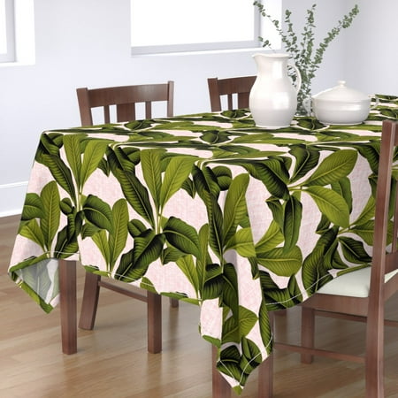 

Cotton Sateen Tablecloth 90 Square - Palm Pink White Leaves Botanical Tropical Jungle Banana Leaf Green Palms Vintage Look Print Custom Table Linens by Spoonflower