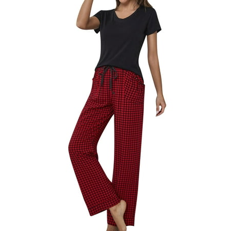 HUBERY Women Plaid Printed V Neck Short Sleeve Drawstring Pocket Sleepwear Set
HUBERY Women Plaid Printed V Neck Short Sleeve Drawstring Pocket Sleepwear Set