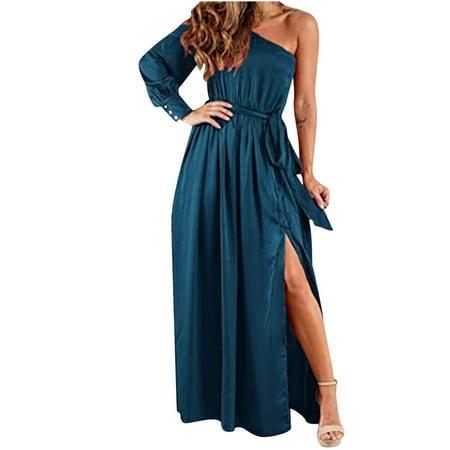 Womens Sexy Dresses One Shoulder Long Sleeve Pleated Long Dresses Boat Neck Club Maxi Dress with High Side Split
Womens Sexy Dresses One Shoulder Long Sleeve Pleated Long Dresses Boat Neck Club Maxi Dress with High Side Split