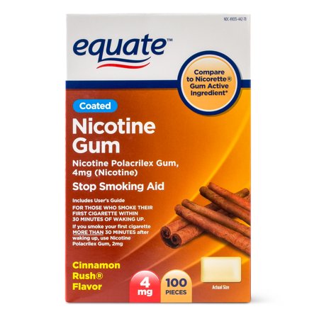 Equate Coated Nicotine Polacrilex Gum, 4 mg (nicotine), Cinnamon Flavor, Stop Smoking Aid, 100ct