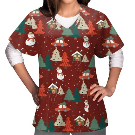 Women s Scrub Tops Christmas Snowman Printed Short Sleeve V-Neck Fun T Shirts Casual Working Uniforms Blouse Scrub Shirt Workwear with Pockets