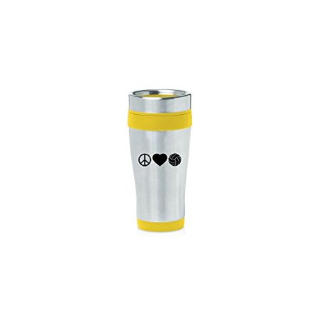 Yellow 16oz Insulated Stainless Steel Travel Mug Z2401 Peace Love Volleyball,MIP