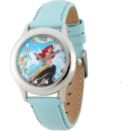 Disney Princess Ariel Girls' Stainless Steel Glitz Watch, Light Blue Leather Strap