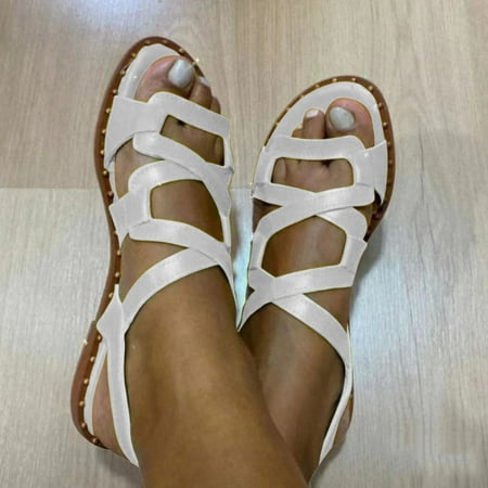 

Sunvit Flat Sandals for Women- Roman Open Toe Woven Casual Summer Slide Sandals #118 White