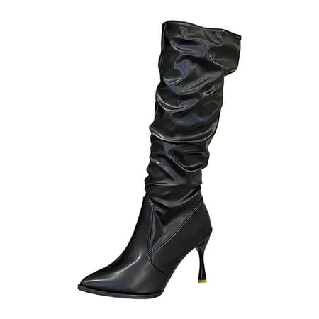 Cathalem Shoes Women Adult Female Thigh High Boots for Women Wide High Boots High Heels Over Knee Pleated Suede Long Boots Boots Women Knee High Platform Black 8