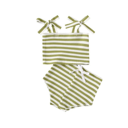 QIPOPIQ Toddler Girls Outfit Sets Clearance Stylish Baby Girl Striped Suspenders + Shorts Two-piece Summer Cute Bow