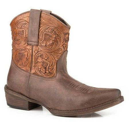 Women s Roper Dusty Tooled Ankle Leather Boots Handcrafted Brown