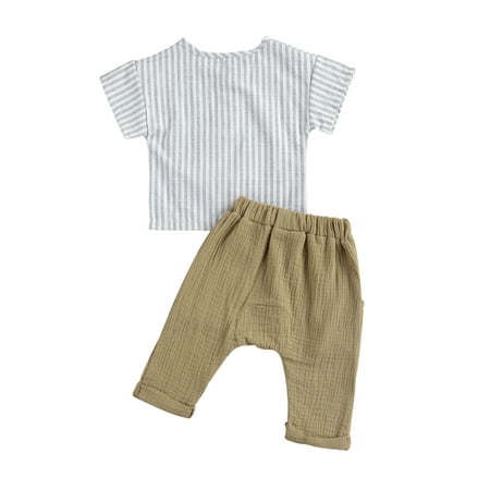 One opening 2Pcs Baby Tracksuit Stripes Short Sleeves Tops + Casual Pants
