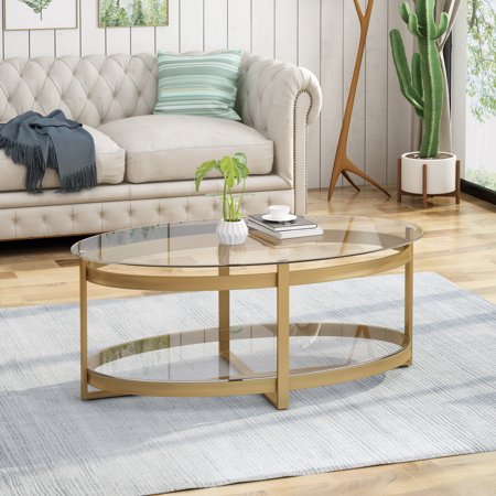 Bell Modern Glam Tempered Glass Oval Coffee Table with Iron Frame, Brass Finish