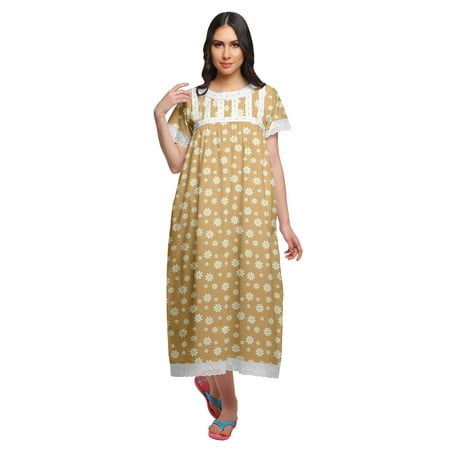 Moomaya Printed Short Sleeve Maxi Nightdress Button Down Cotton Sleepwear Gown