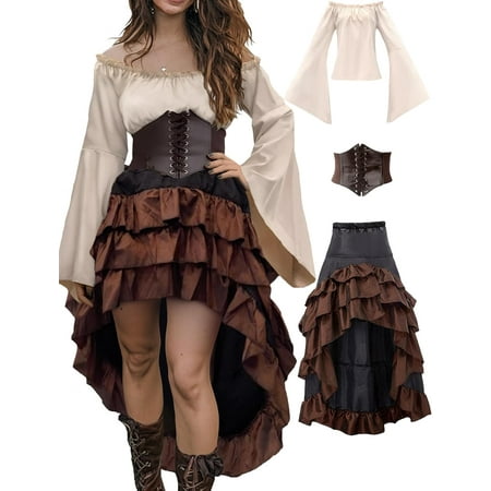 2025 Halloween Pirate Costume Women, Pirate Outfit with Renaissance Pirate Shirt Skirt Corset Waist Belt Women Halloween Pirate Costumes Beige+brown S