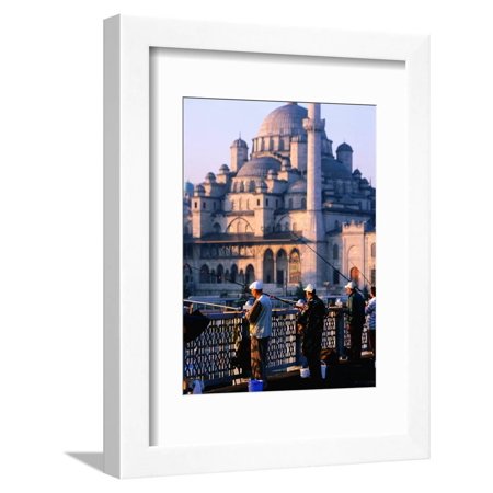 Fishermen on Galata Bridge with Mosque in Background, Istanbul, Turkey Framed Print Wall Art By John Elk III